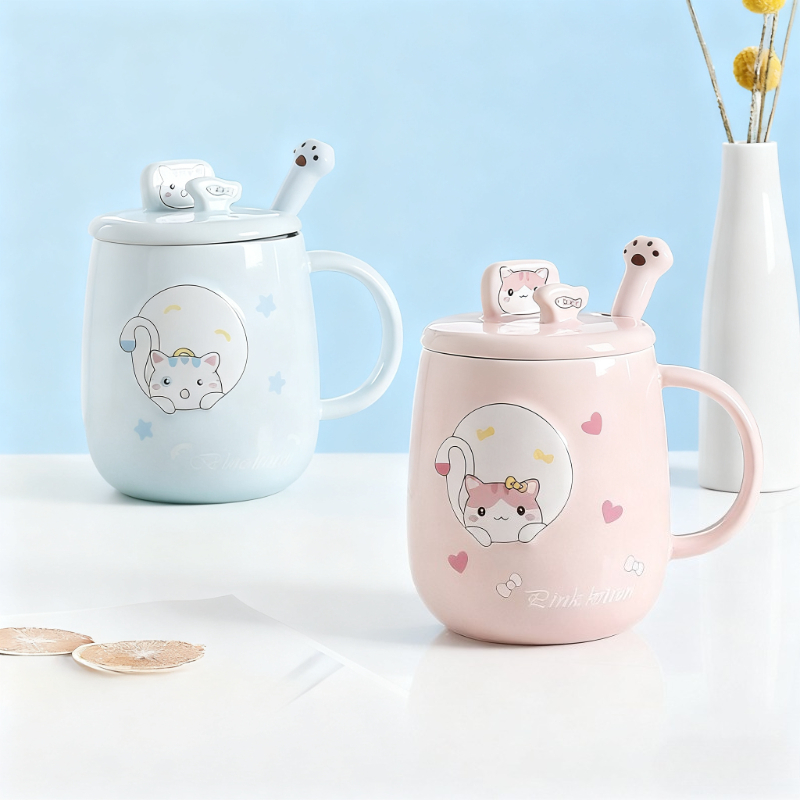 Cat-themed ceramic mug with li - Home Or Office Use ulasan dan harga