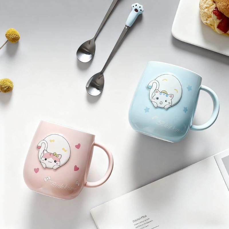 Cat-themed ceramic mug with li - Home Or Office Use ulasan dan harga