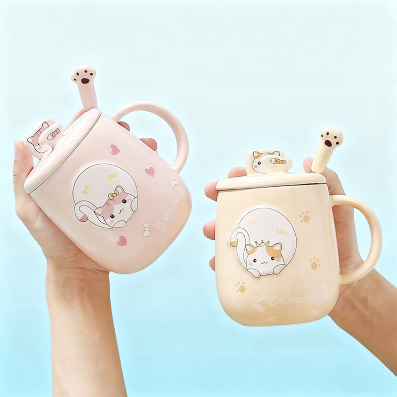 Cat-themed ceramic mug with li - Home Or Office Use ulasan dan harga